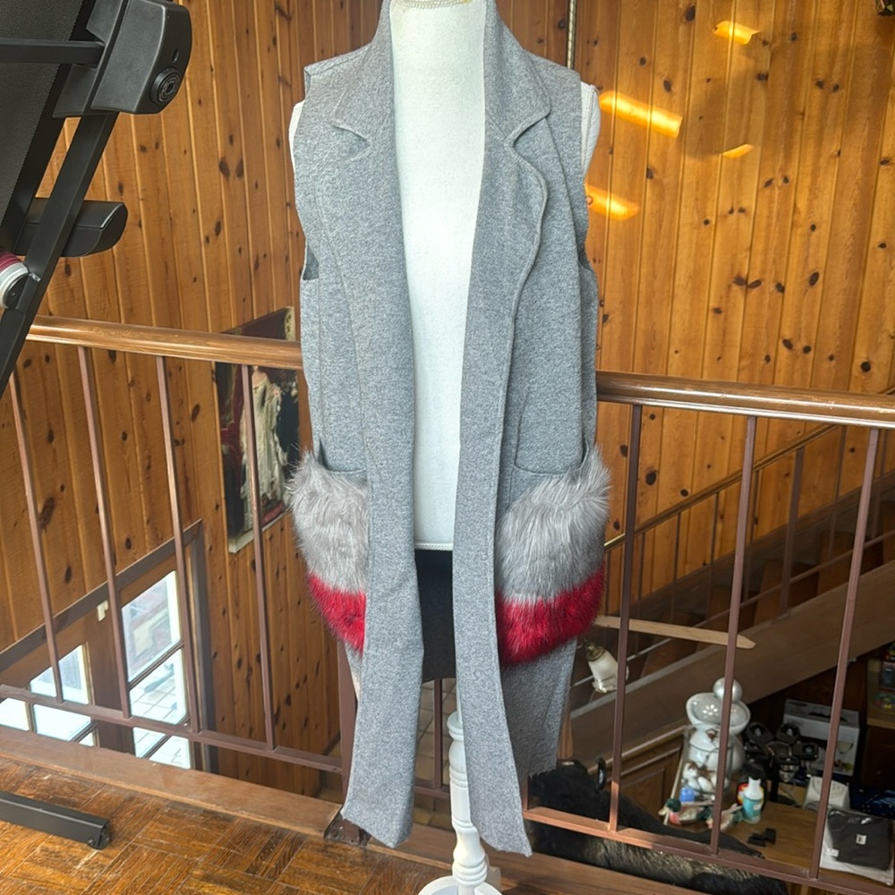 Wool Vest Faux Fur Removable Pockets